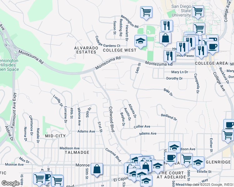 map of restaurants, bars, coffee shops, grocery stores, and more near 4851 Collwood Boulevard in San Diego