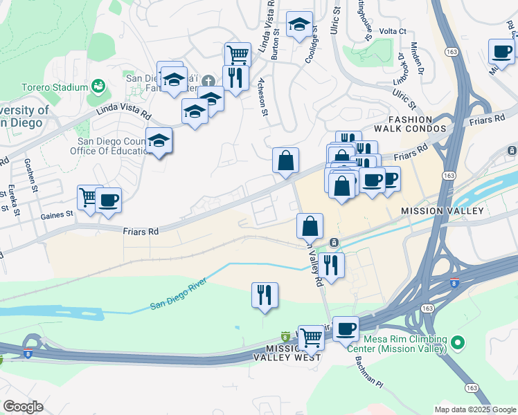 map of restaurants, bars, coffee shops, grocery stores, and more near 6717 Friars Road in San Diego