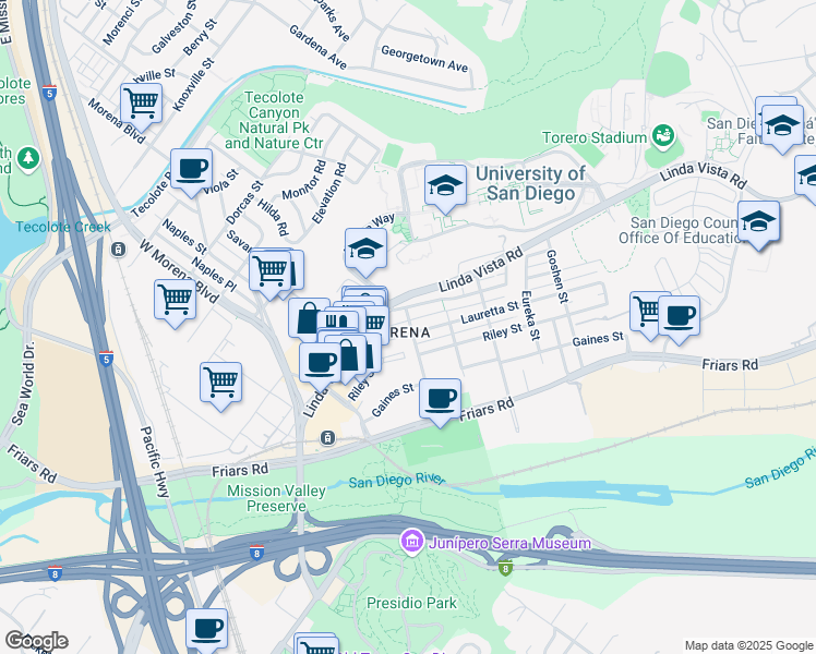 map of restaurants, bars, coffee shops, grocery stores, and more near in San Diego