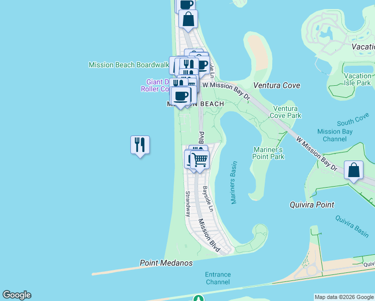 map of restaurants, bars, coffee shops, grocery stores, and more near in San Diego