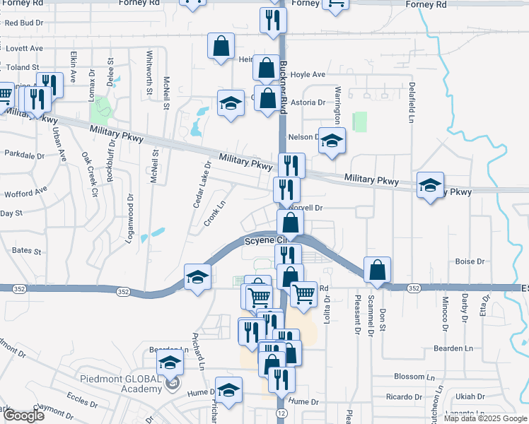 map of restaurants, bars, coffee shops, grocery stores, and more near 3505 South Buckner Boulevard in Dallas