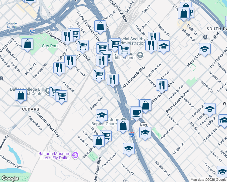 map of restaurants, bars, coffee shops, grocery stores, and more near 5007 Sycamore Street in Dallas