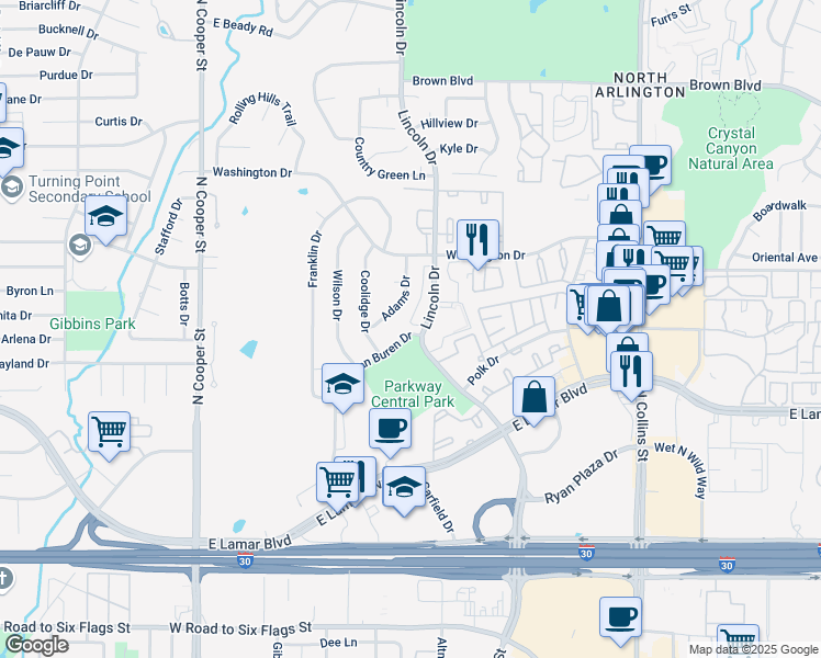 map of restaurants, bars, coffee shops, grocery stores, and more near 2101 Park Willow Lane in Arlington