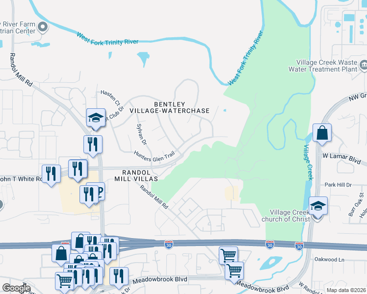 map of restaurants, bars, coffee shops, grocery stores, and more near 8912 Hunters Glen Trail in Fort Worth