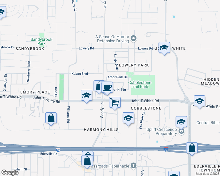 map of restaurants, bars, coffee shops, grocery stores, and more near 7400 Arbor Hill Drive in Fort Worth