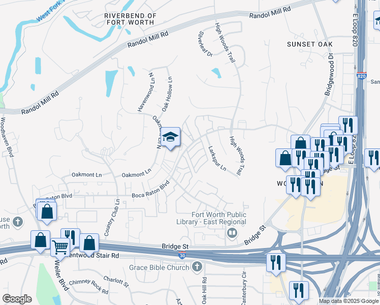 map of restaurants, bars, coffee shops, grocery stores, and more near 6004 Boca Raton Boulevard in Fort Worth
