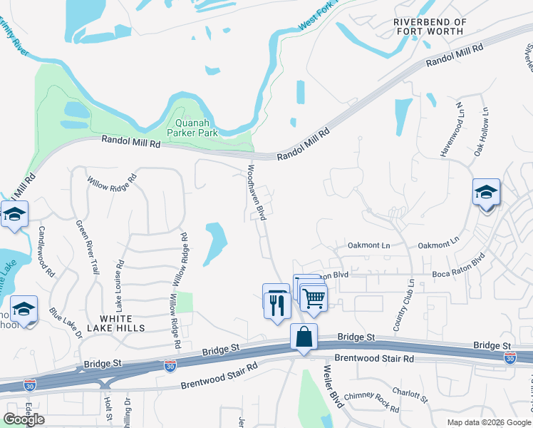 map of restaurants, bars, coffee shops, grocery stores, and more near 350 Shady Lane Drive in Fort Worth