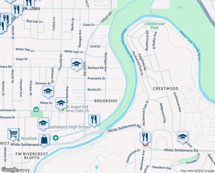 map of restaurants, bars, coffee shops, grocery stores, and more near 501 Michigan Avenue in Fort Worth