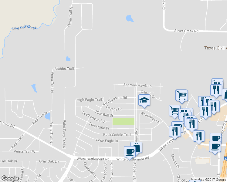 map of restaurants, bars, coffee shops, grocery stores, and more near 625 Woodpecker Lane in Fort Worth