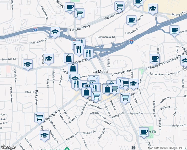 map of restaurants, bars, coffee shops, grocery stores, and more near 8088 University Avenue in La Mesa