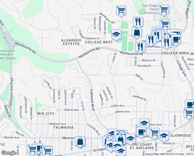 map of restaurants, bars, coffee shops, grocery stores, and more near 4851 Collwood Boulevard in San Diego