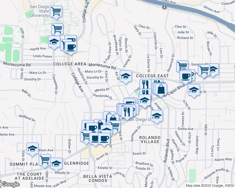 map of restaurants, bars, coffee shops, grocery stores, and more near 4944 Art Street in San Diego