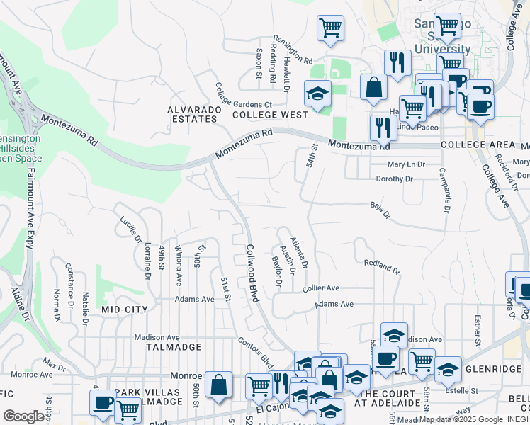 map of restaurants, bars, coffee shops, grocery stores, and more near 4833 Collwood Boulevard in San Diego