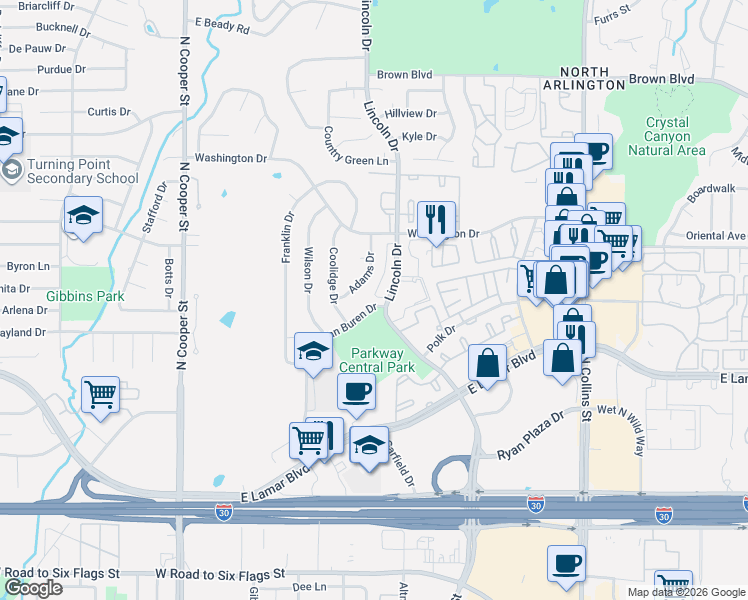 map of restaurants, bars, coffee shops, grocery stores, and more near 2101 Park Willow Lane in Arlington