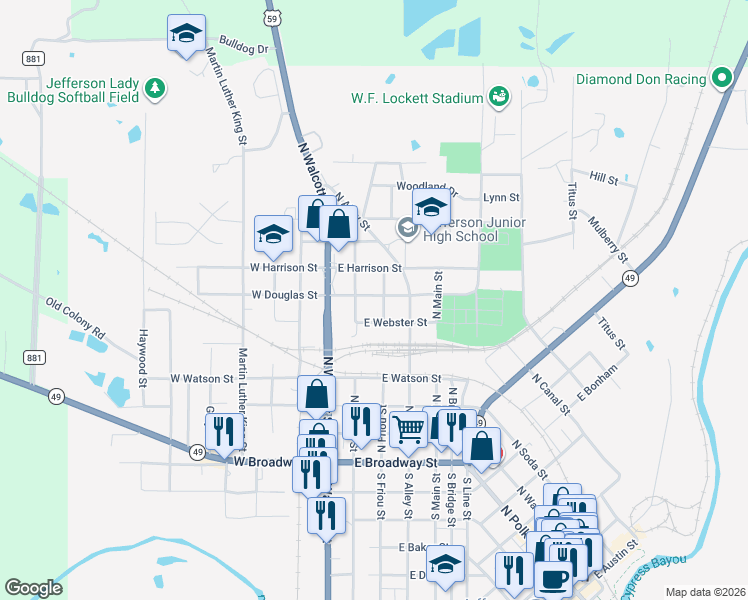 map of restaurants, bars, coffee shops, grocery stores, and more near 212 East Douglas Street in Jefferson