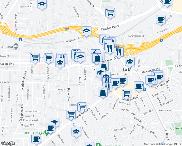 map of restaurants, bars, coffee shops, grocery stores, and more near 4880 Lee Avenue in La Mesa