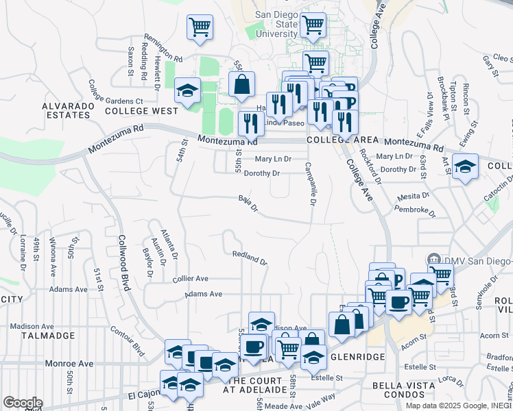 map of restaurants, bars, coffee shops, grocery stores, and more near 5562 Baja Drive in San Diego