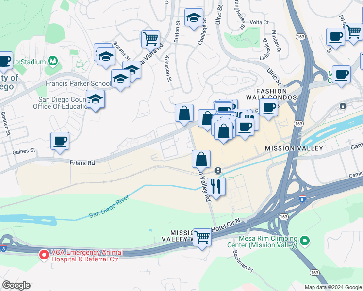 map of restaurants, bars, coffee shops, grocery stores, and more near 6855 Friars Road in San Diego