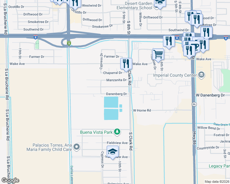 map of restaurants, bars, coffee shops, grocery stores, and more near 1002 Danenberg Drive in El Centro