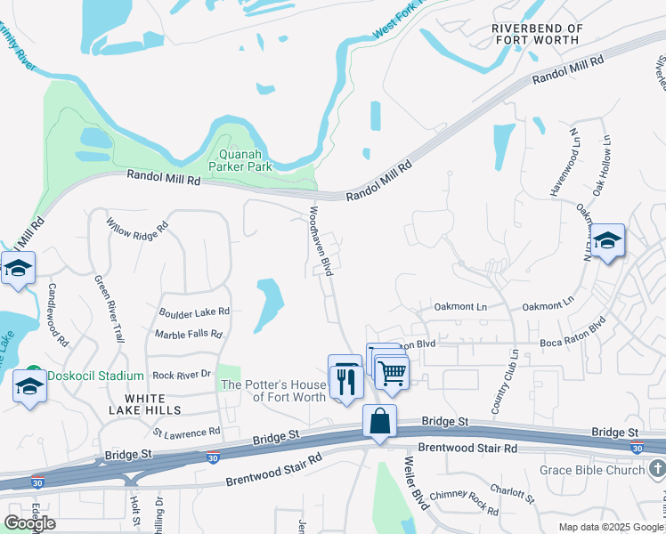 map of restaurants, bars, coffee shops, grocery stores, and more near 350 Shady Lane Drive in Fort Worth