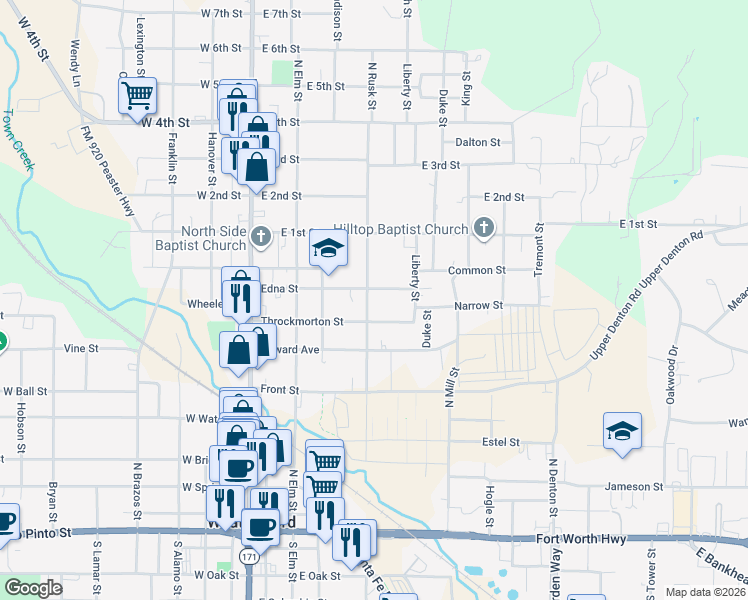 map of restaurants, bars, coffee shops, grocery stores, and more near 713 North Rusk Street in Weatherford