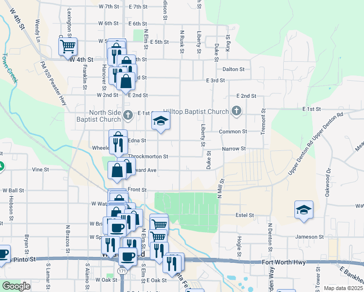 map of restaurants, bars, coffee shops, grocery stores, and more near 713 North Rusk Street in Weatherford