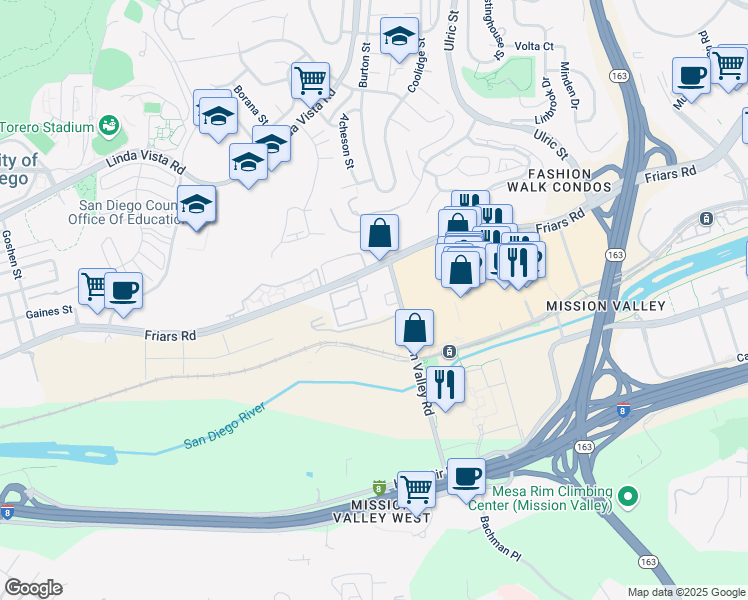 map of restaurants, bars, coffee shops, grocery stores, and more near 6855 Friars Road in San Diego