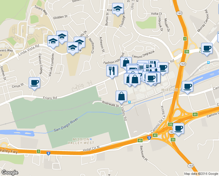 map of restaurants, bars, coffee shops, grocery stores, and more near 6855 Friars Road in San Diego