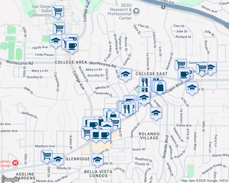 map of restaurants, bars, coffee shops, grocery stores, and more near 4944 Art Street in San Diego