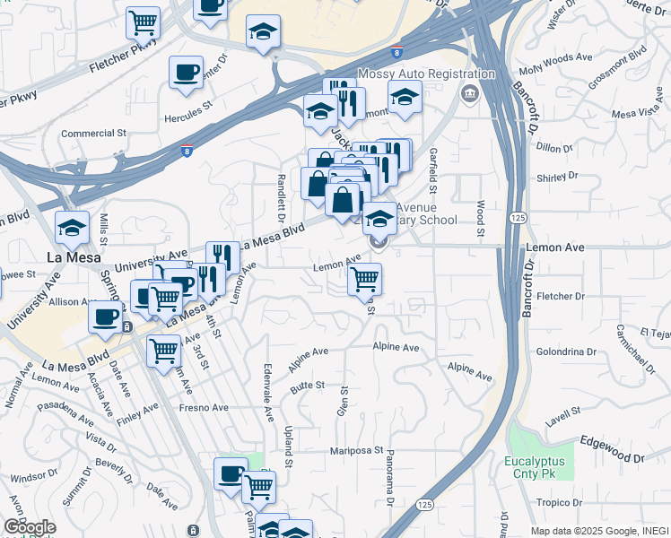map of restaurants, bars, coffee shops, grocery stores, and more near 8677 Lemon Avenue in La Mesa