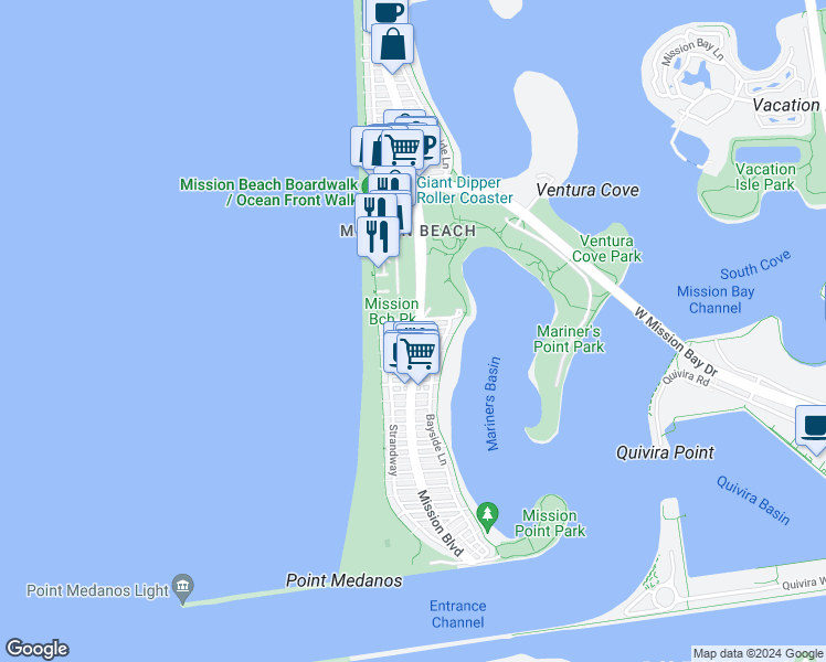 map of restaurants, bars, coffee shops, grocery stores, and more near 2980 Mission Boulevard in San Diego