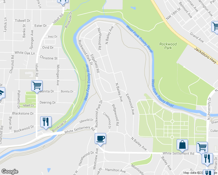 map of restaurants, bars, coffee shops, grocery stores, and more near 605 Westwood Avenue in Fort Worth
