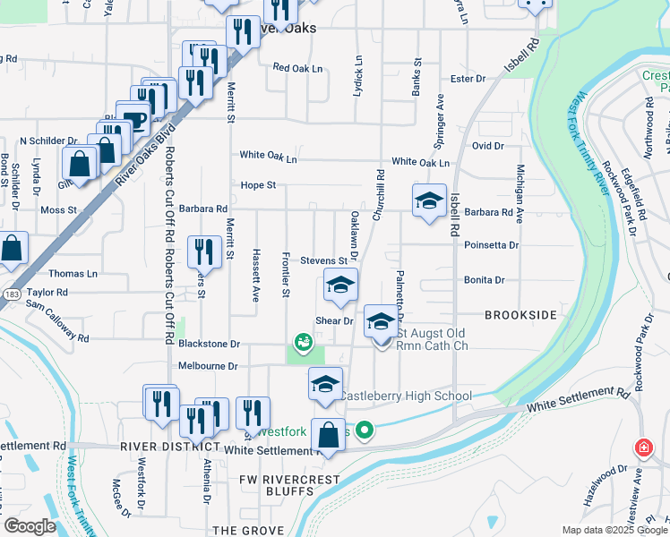 map of restaurants, bars, coffee shops, grocery stores, and more near 4763 Stevens Street in River Oaks