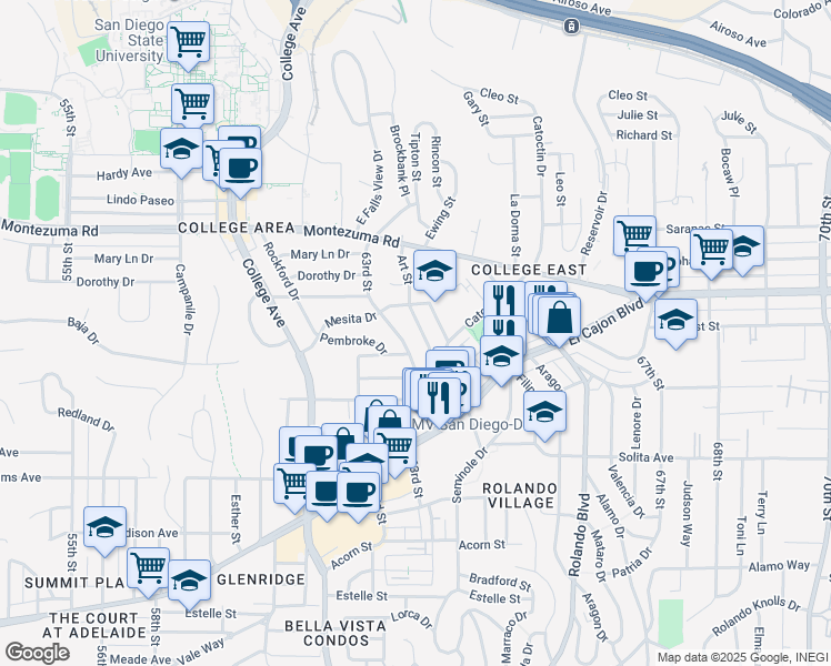 map of restaurants, bars, coffee shops, grocery stores, and more near 4944 Art Street in San Diego