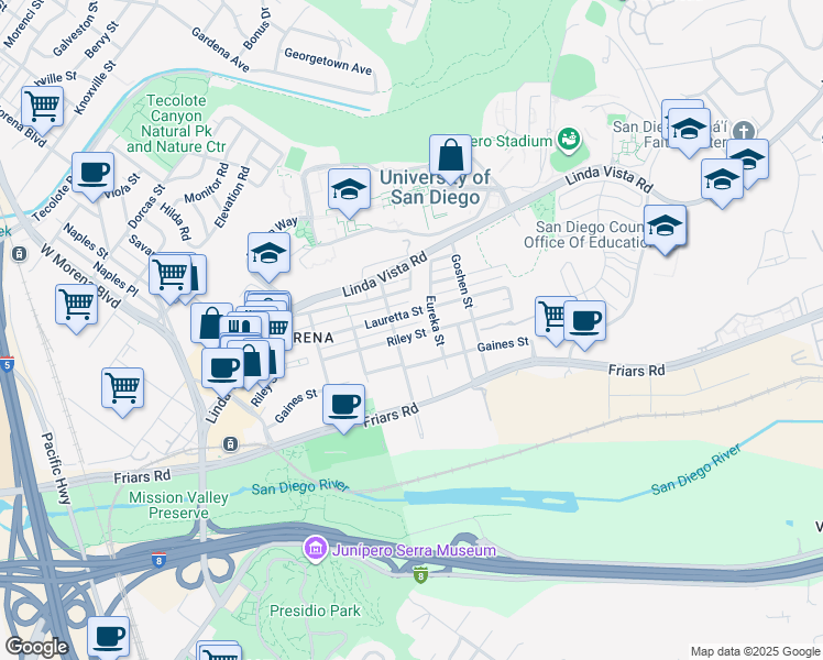 map of restaurants, bars, coffee shops, grocery stores, and more near 5722 Riley Street in San Diego