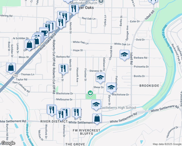 map of restaurants, bars, coffee shops, grocery stores, and more near 4825 Stevens St in River Oaks