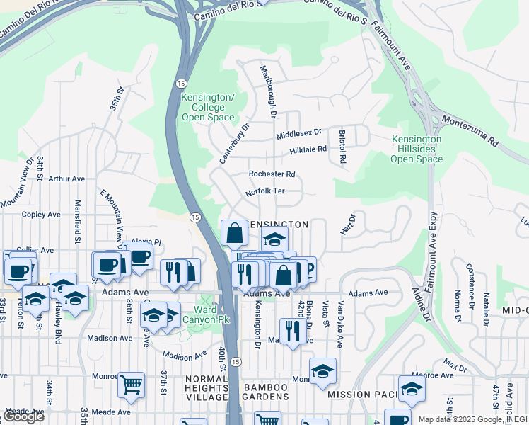 map of restaurants, bars, coffee shops, grocery stores, and more near 4936 Marlborough Drive in San Diego