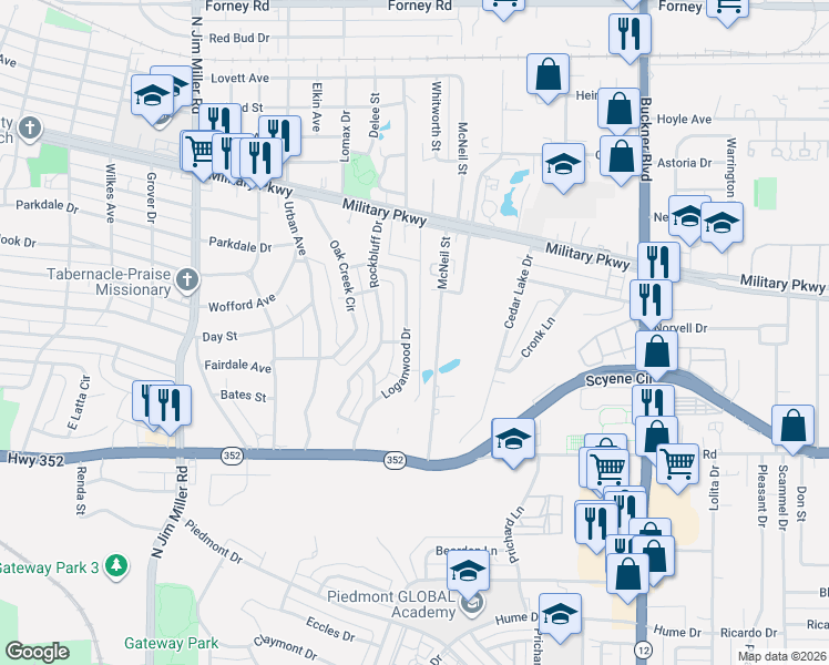 map of restaurants, bars, coffee shops, grocery stores, and more near 3414 Loganwood Drive in Dallas