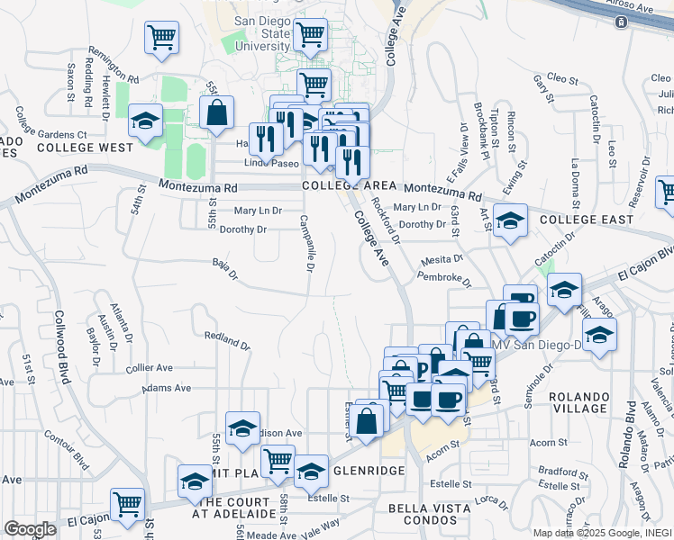 map of restaurants, bars, coffee shops, grocery stores, and more near 4955 Tierra Baja Way in San Diego