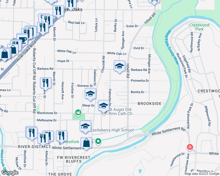 map of restaurants, bars, coffee shops, grocery stores, and more near 511 Palmetto Drive in Fort Worth