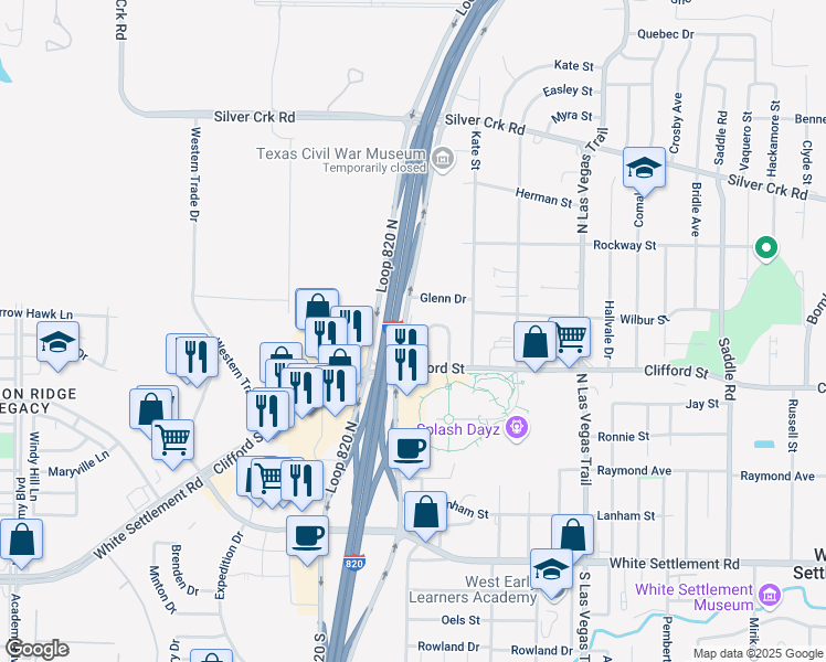 map of restaurants, bars, coffee shops, grocery stores, and more near 600 Jim Wright Freeway in White Settlement
