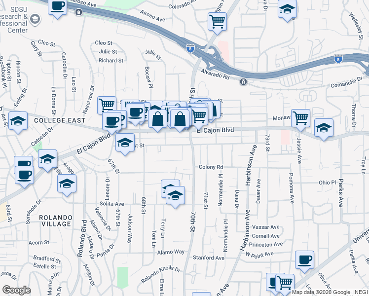 map of restaurants, bars, coffee shops, grocery stores, and more near 6975 Amherst Street in San Diego