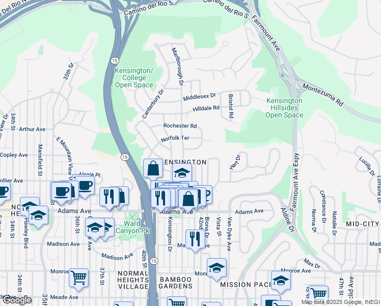 map of restaurants, bars, coffee shops, grocery stores, and more near 4137 Lymer Drive in San Diego