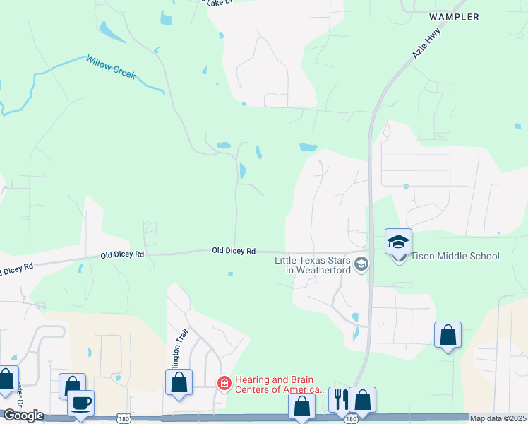 map of restaurants, bars, coffee shops, grocery stores, and more near 2121 Old Dicey Road in Weatherford