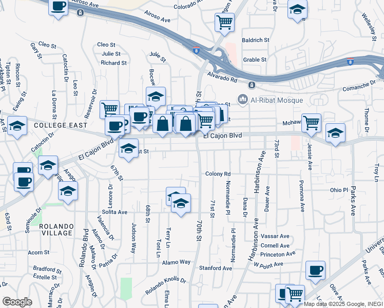 map of restaurants, bars, coffee shops, grocery stores, and more near 6979-81 Amherst Street in San Diego