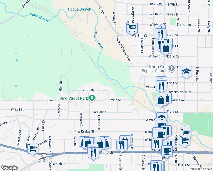 map of restaurants, bars, coffee shops, grocery stores, and more near 701 Bryan Street in Weatherford