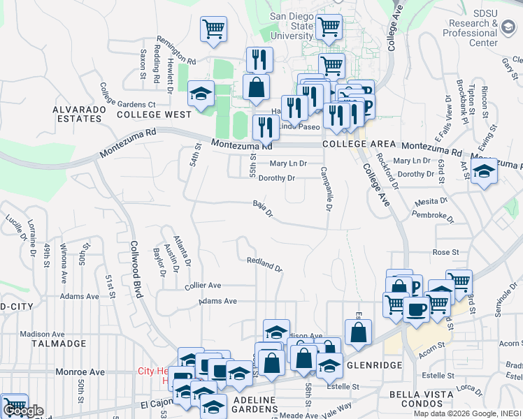 map of restaurants, bars, coffee shops, grocery stores, and more near 5545 Baja Drive in San Diego