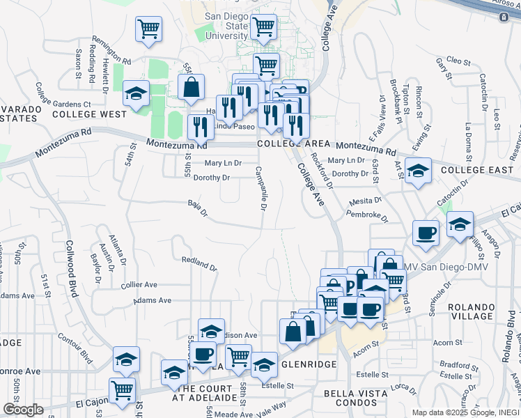 map of restaurants, bars, coffee shops, grocery stores, and more near 4950 Campanile Drive in San Diego