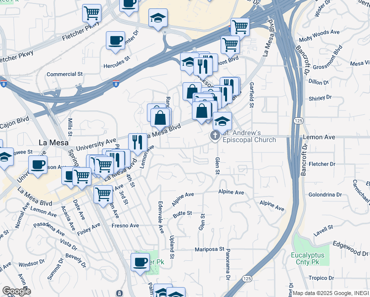 map of restaurants, bars, coffee shops, grocery stores, and more near 8600 Lemon Avenue in La Mesa