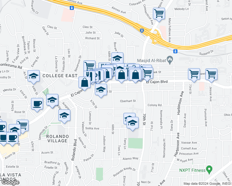 map of restaurants, bars, coffee shops, grocery stores, and more near 6805 Amherst Street in San Diego
